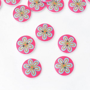 5 boutons en bois 2 trous imprimé fleuri fond rose taille 1.8cm