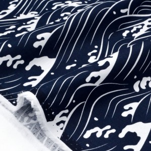 Tissu japonais lin coton motif vague fond marine foncé x 50cm 