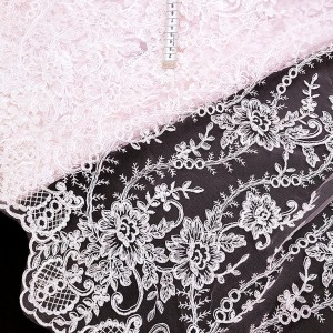 Destock 3.3m tissu dentelle broderie tulle brodé haute couture rose pâle largeur 65cm