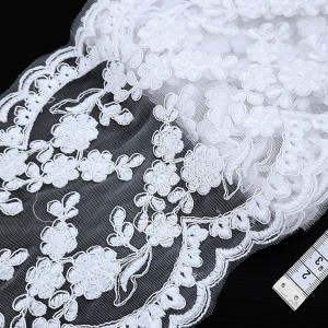 Destock 2.6m dentelle broderie tulle brodé satinée épaisse raide blanche largeur 17.5cm