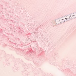 Destock 7.6m dentelle broderie tulle brodé fine haute couture rose pâle largeur 20cm