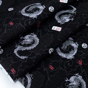 Destock 2m tissu japonais lin léger dragon fond noir largeur 150cm