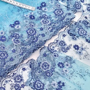 Destock 7.1m dentelle broderie tulle brodé fine haute couture bleu largeur 26cm