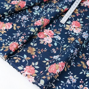 Destock 2m tissu lin coton doux motif fleuri fond marine gris largeur 137cm