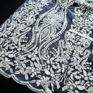 Destock 0.49m tissu dentelle broderie tulle brodé de sequins perles haute couture largeur 131cm