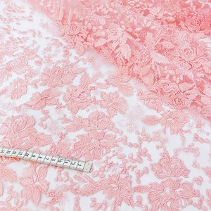 Destock 1.75m tissu dentelle broderie tulle brodé fleuri rose largeur 140cm