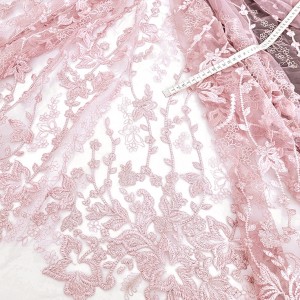 Destock 1.7m tissu dentelle broderie tulle brodé fleuri rose largeur 160cm