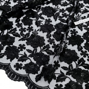 Destock 0.9m tissu dentelle broderie tulle brodé lourd fluide  fleuri noir largeur 130cm