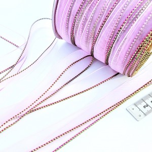 Déstock 20m ruban tulle bord brillant mauve largeur 1.5 cm
