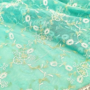 Destock 2m tissu dentelle broderie tulle brodé fluide fleuri turquoise largeur 123cm
