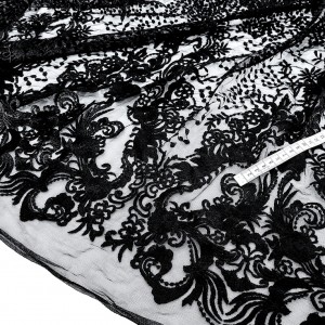 Destock 0.75m tissu dentelle broderie tulle brodé lourd fluide fleuri noir largeur 138cm