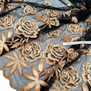 Destock 1m tissu dentelle broderie tulle brodé fluide fleuri bronze noir largeur 98cm