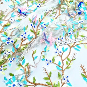 Destock 2m tissu dentelle broderie tulle brodé fleuri oiseau multicolore largeur 160cm