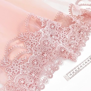 Destock lot 3m dentelle broderie guipure organza brodé rose largeur 27cm