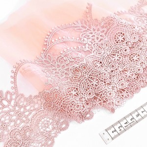 Destock lot 2.7m dentelle broderie guipure organza brodé rose largeur 19cm