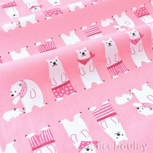 Tissu coton doux imprimé jolis ours polaire sur fond rose x 50cm 