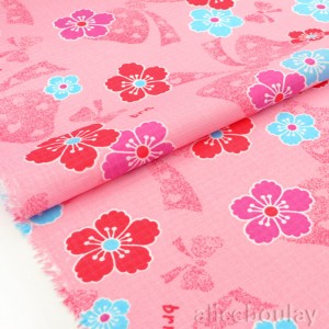 Tissu Japonais coton souple fleuri rouge turquoise fond rose x 50cm 