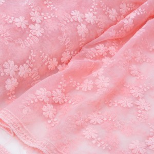 Destock 1.7m tissu dentelle broderie tulle brodé coton doux rose largeur 126cm