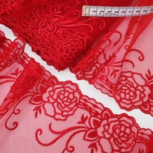Destock 5m dentelle broderie tulle brodé fine haute couture rouge largeur 22cm