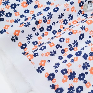 Déstock 1.6m tissu popeline coton fleuri orange bleu largeur 150cm 