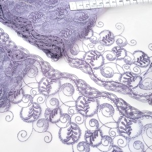 Destock 4.4m dentelle broderie tulle brodé fine haute couture grise mauve largeur 21.5cm