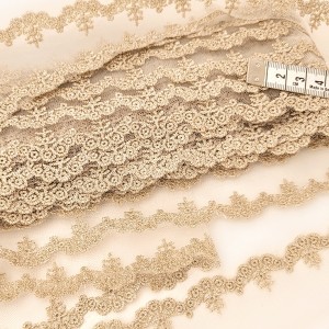 Destock 14m dentelle broderie tulle brodé raide beige doré largeur 4cm