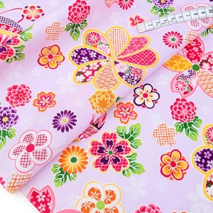 Destock 2m tissu japonais coton léger fleuri multicolore doré fond rose mauve largeur 150cm 