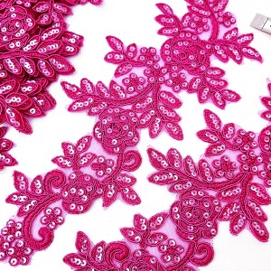Déstock 1 applique dentelle broderie tulle brodé de sequins rose fuchsia taille 11x28cm