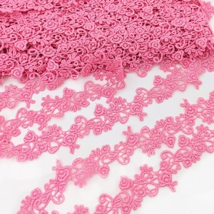 Destock lot 15.9m dentelle guipure fine fluide haute couture rose largeur 2.7cm