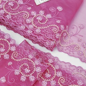 Destock 7m dentelle broderie tulle brodé fine haute couture vieux rose largeur 17cm