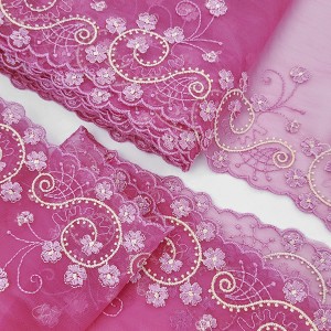Destock 6.4m dentelle broderie tulle brodé fine haute couture vieux rose largeur 17cm