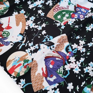 Destock 2.6m tissu japonais satin polyester motif traditionnel fleuri largeur 150cm