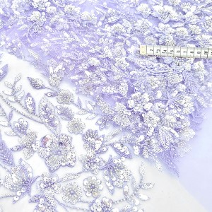Destock coupon tissu dentelle broderie tulle brodé sequins perlé haute couture taille 55x122x122cm