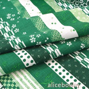 Tissu Japonais coton dobby traditionnel géométrique ton vert x 50cm 