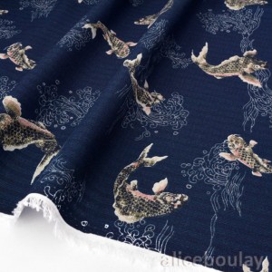 Tissu japonais doux traditionnel vague et poisson Carpe koï fond marine x50cm 