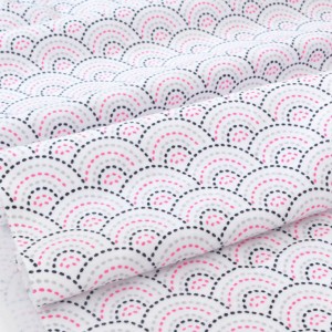 Tissu américain flanelle coton extra-doux vague Seigaiha rose noir fond blanc x 50cm 