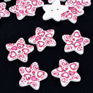 Lot de 5 boutons en bois étoile blanche imprimé coeur rose  2 trous taille 2.5cm 